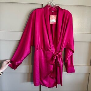 Hot Pink Romper Womens Size Medium Long Sleeve Satin with Tie